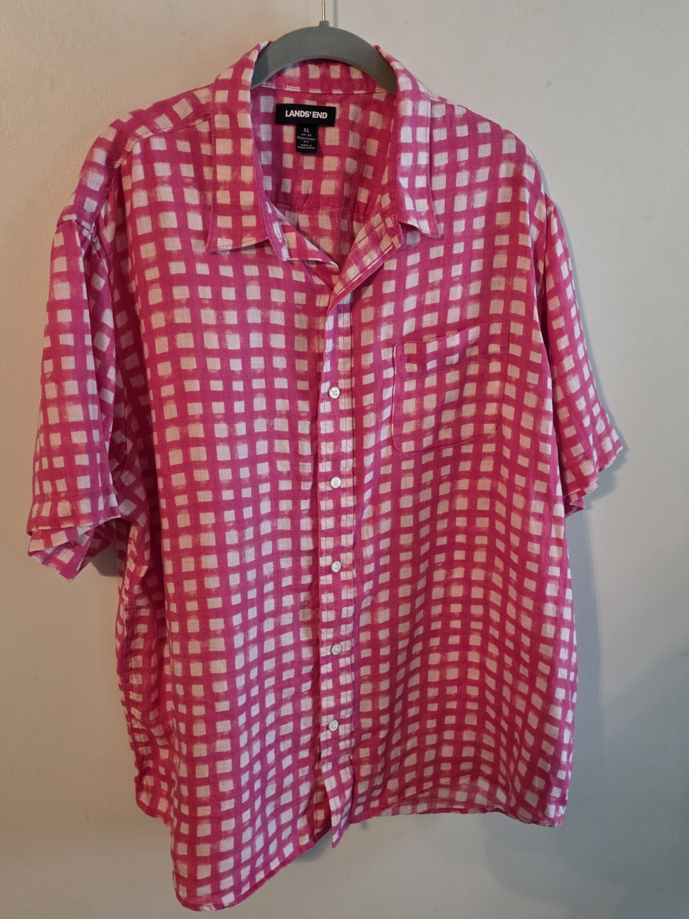 New Lands' End Men's Pink Checked Short-Sleeve Button-Up Shirt Size Xl